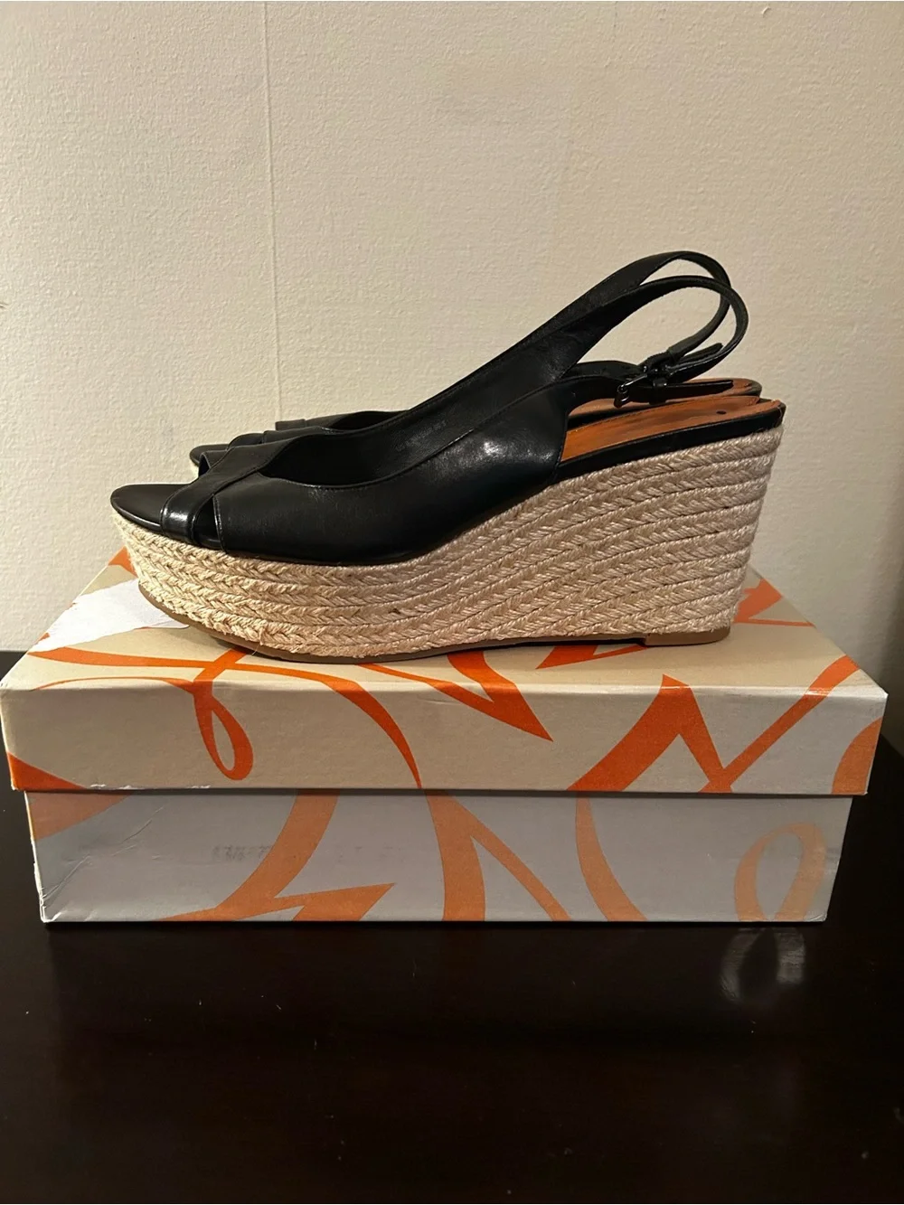 Via Spiga Black Leather Platform Espadrille Wedge Sandal, 8.5, Like NWT